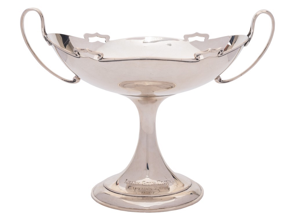 A George V silver pedestal twin handled oval comport, maker Walker & Hall,