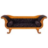 A Continental birch scroll end settee:, with shaped bar back, having upholstered panel below,