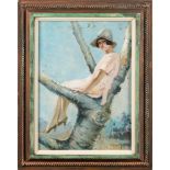 Henry [20th Century]- Young lady wearing a bonnet, seated in a tree,