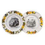 Two large James and Ralph Clews pearlware plates: 'He Returns' and 'At College',