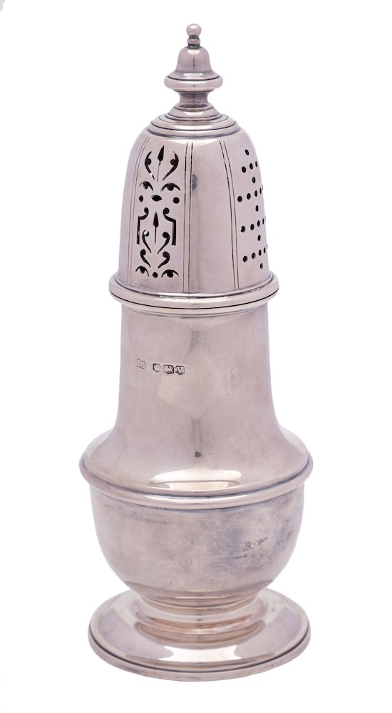 A George V silver sugar caster, maker Atkin Brothers, Sheffield, 1938: of urn shaped outline,