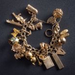 A 9ct gold curb-link bracelet with twenty one various attached hallmarked and stamped charms: to