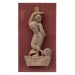 A 19th century Indian carved wood figure: of a dancing girl with ball at her feet,