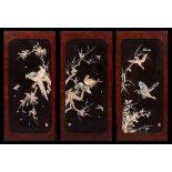 Three Japanese lacquere , ivory and mother-of-pearl inlaid panels: of rectangular outline ,