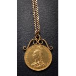 A Victorian sovereign dated 1887,: mounted as a pendant and on a 9ct gold curb-link chain.