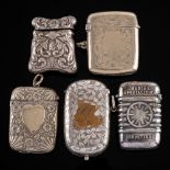 Five silver plated vesta cases of traditional design: one incorporating a pencil and sovereign