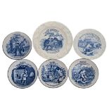A group of four blue and white pearlware nursery plates and a set of four similar saucers: printed