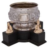 A large Burmese presentation silver bowl: inscribed and presented to Frank Wood OBE,