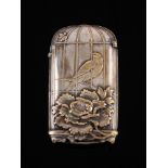 A Japanese gilt metal vesta case: decorated to either side with a finch in a cage and floral