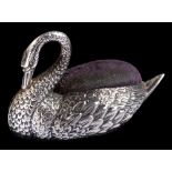 An Edwardian novelty silver pin cushion, maker S & Co, Birmingham, 1907: in the form of a swan, 7.