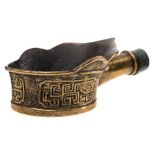 A Chinese polished bronze water ladle,: the handle with jadeite collar [a/f], 19cm.