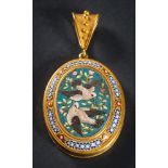 A mid 19th Century gold and Roman micro-mosaic oval pendant: with oval panel depicting doves,