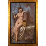 English School early 20th Century- Nude with Pekingese in boudoir interior,