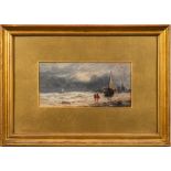 Sarah Louise Kilpack [1840-1909]- Fisherfolk on a stormy beach,:- oil on board, 10 x 20cm.