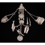 A Victorian silver and silver plated chatalaine: with belt hook and suspensions,