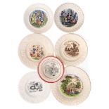 A group seven nursery plates: printed and enamelled, including children 'playing schools',