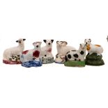 A group of six early 19th century Newcastle/Portobello small models of sheep: decorated in pink,
