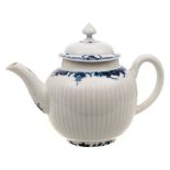 A First Period Worcester teapot and cover: of reeded globular form with pointed mushroom finial,