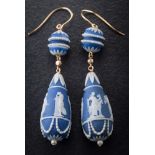 A pair of Wedgwood blue and white jasper ware mounted drop earrings: each earring with a jasper