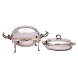 A plated turn-over breakfast dish and cover: with foliate decorated handles to the side,