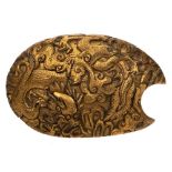 A Chinese gilt bronze dragon belt-hook: cast in relief with a sinuous dragon amongst flame scrolls,