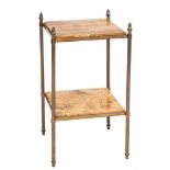 A brass and marble two tier square etagere:, with brown and cream variegated marble inset tops,