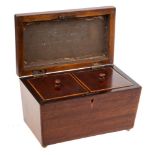 A 19th century mahogany and satinwood banded tea caddy: of rectangular outline,