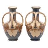 A pair of Villeroy Boch pottery vases: of footed oviform with raised neck and four handles