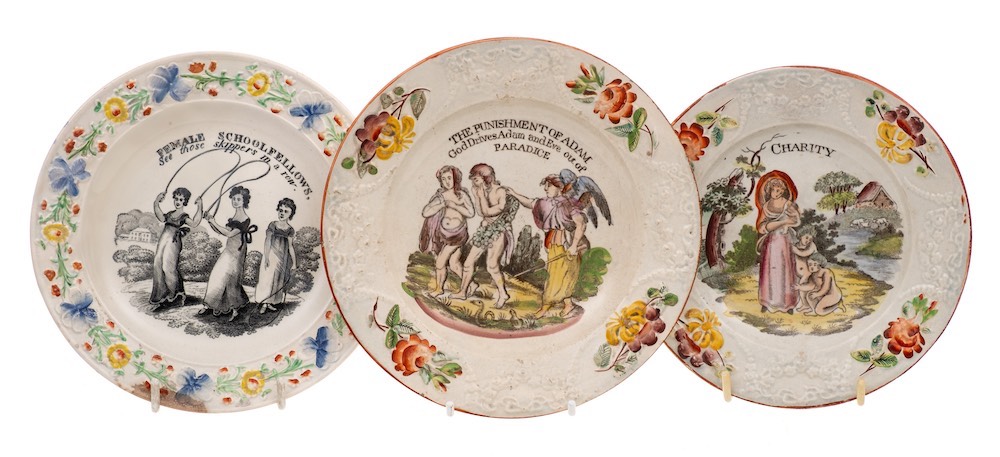 A group of six nursery plates: all with moulded borders,