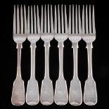 Six assorted Georgian and later Fiddle pattern table forks, various makers and dates: initialled,
