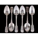 Six George IV and later Exeter silver Fiddle pattern table spoons,