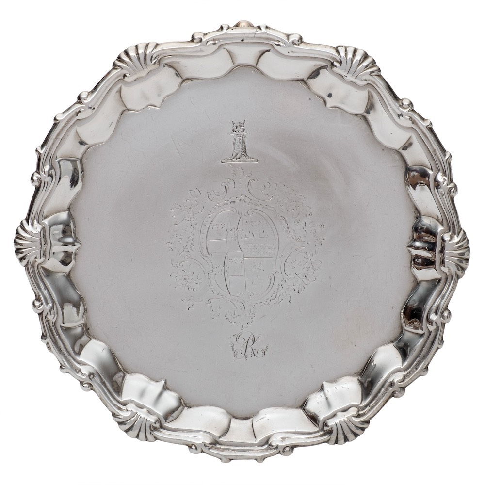 A pair of George II silver waiters, maker William Peaston, London, 1751: crested and initialled, - Image 2 of 2