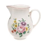 A Champion Bristol porcelain sparrow beak cream jug: enamelled with a rose centred bouquet and