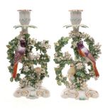 A pair of Derby 'birds in branches' candlesticks: the birds perched amongst floral bocage,