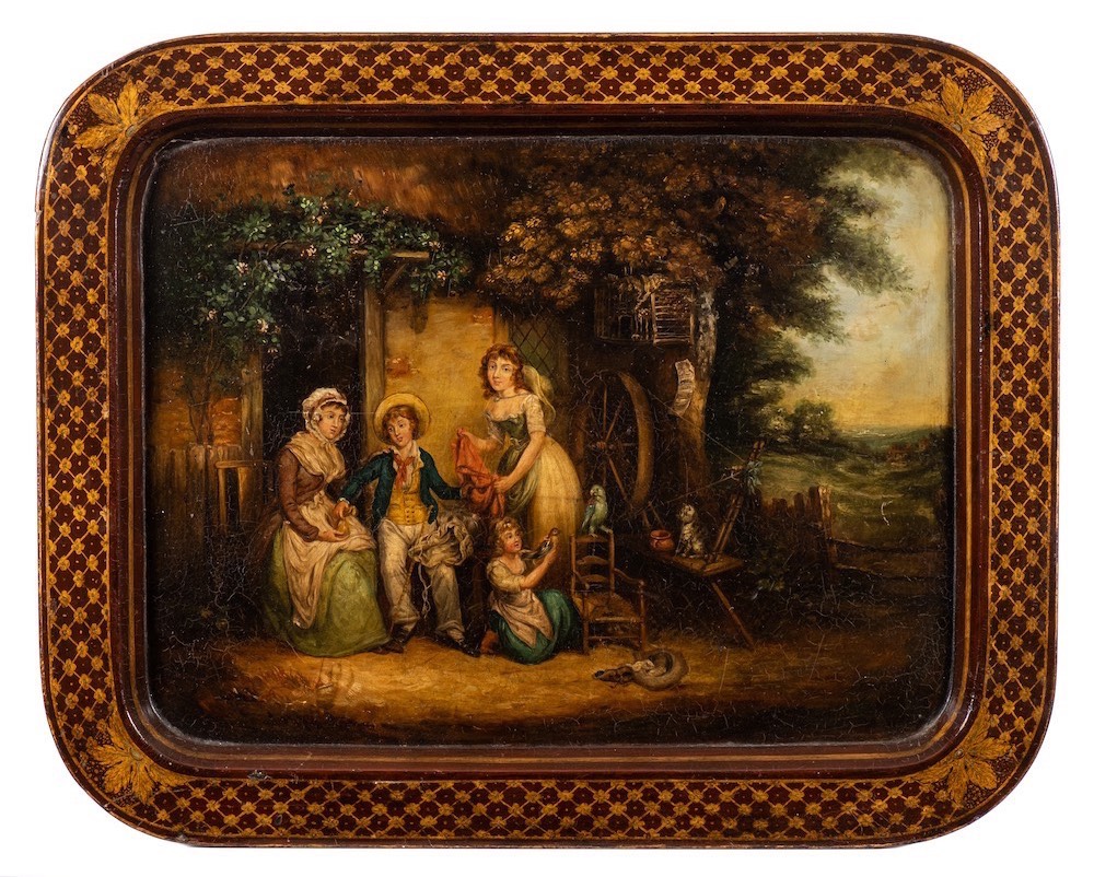 A Victorian papier mache tray: decorated with a scene of 'The Sailors Return' by a follower of - Image 2 of 2