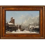 European School late 19th Century - A Winter river scene with chapel and figures in the foreground,