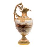 A fine Royal Worcester ewer painted by John Stinton: with foliate scroll handle and neck,