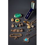 A collection of antique jewellery: including a 9ct gold chain with key-ring attached suspending