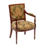 An Edwardian mahogany and inlaid open armchair:, in the French taste, crossbanded in satinwood,