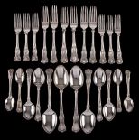 A silver Kings pattern matched part flatware service, various makers and dates: includes,