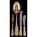 A Continental silver gilt Fiddle and Thread serving spoon, stamped marks: crested,