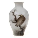 A Japanese porcelain baluster vase: painted predominantly in grey monochrome with a large bird