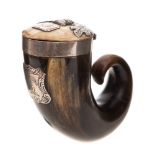 A Scottish horn and silver mounted snuff mull: with crested applied panel,