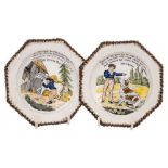 A pair of pearlware plates: of octagonal form with feather edging,