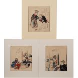 Hokusai, two woodblock prints: parody of the gods Daikoku, Benten and Ebisu, 20 x 17.