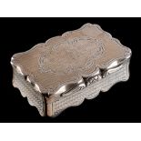 A Victorian silver snuff box, maker Alfred Taylor, Birmingham, 1854: inscribed,
