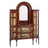 An Edwardian mahogany and marquetry domed display cabinet on a stand:, of bowed breakfront outline,