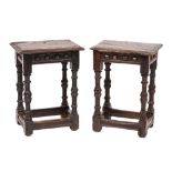 A pair of 17th Century and later oak joynt stools:, with rectangular moulded tops,