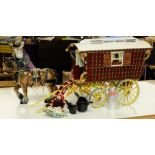 A scale model of a bow top gypsy wagon: white and red with yellow chassis,