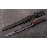A WWII period German S84/98 bayonet: straight single edge fuller blade stamped '44asw' and 5031'